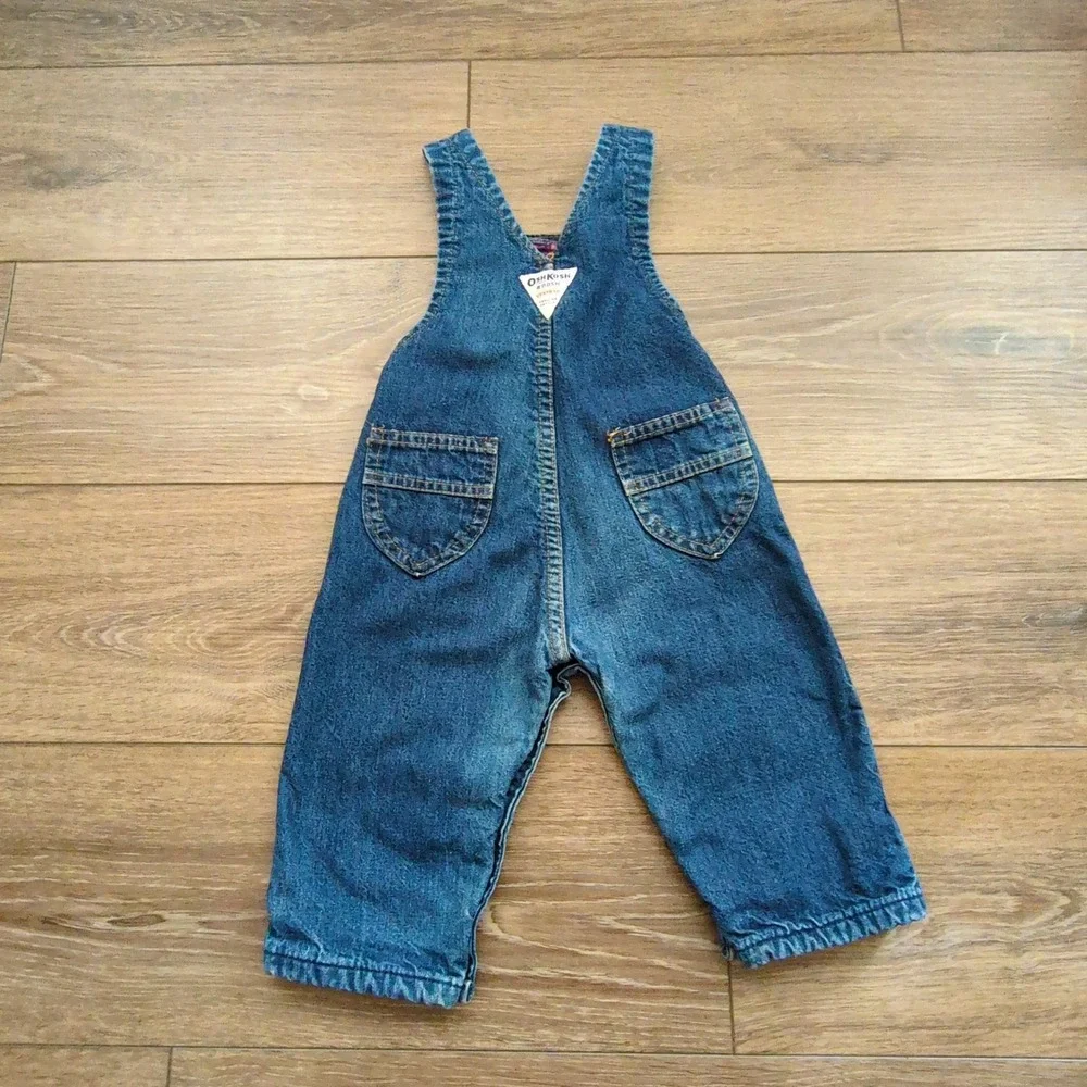 Vtg OshKosh Bgosh Flannel Lined Denim Overalls Blue Pink Plaid Vestbak 18M